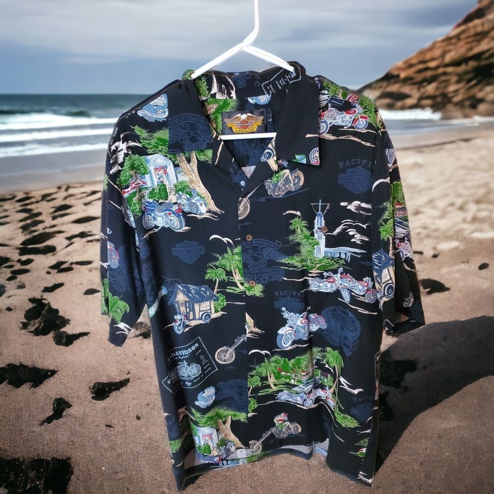 BLACK HARLEY DAVIDSON RAYON ALOHA HAWAIIAN SHIRT SIZE LARGE